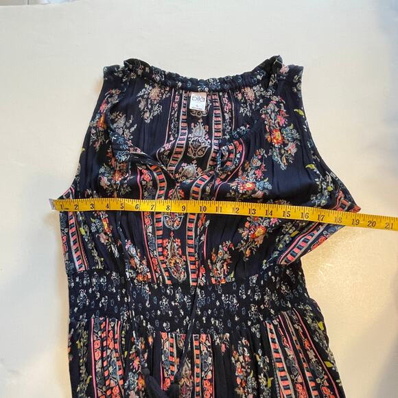 BILA Boho Midi Dress Womens Large Navy Floral Smocked Tasseled Peasant Folk - Picture 10 of 11